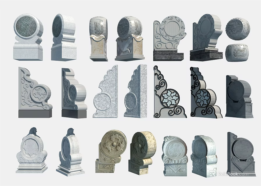 Decorative Garden Ornaments With Carved Stone Designs And Various Sculptural Shapes 3d model 