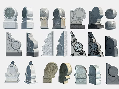 Decorative Garden Ornaments With Carved Stone Designs And Various Sculptural Shapes 3d model