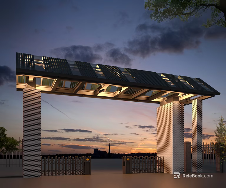 Modern Archway With Illuminated Grid Roof At Sunset Sky And Trees 3d model 