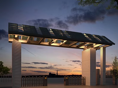 Modern Archway With Illuminated Grid Roof At Sunset Sky And Trees 3d model