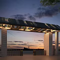 Modern Archway With Illuminated Grid Roof At Sunset Sky And Trees