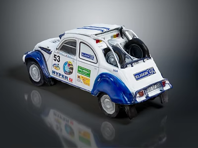 Vintage Blue And White Rally Car Model With Number 53 Stickers And Spare Tire 3d model
