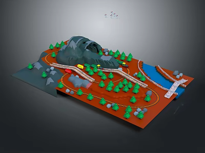 Model Landscape With Mountain Green Trees Winding Road Blue River Bridge And Yellow Train Tracks 3d model