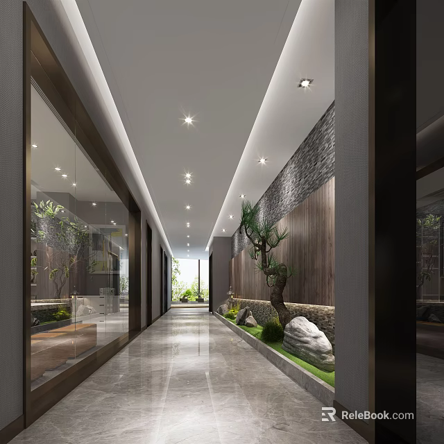 Modern Elevator Hallway Design With Ceiling Lights Green Plants And Decorative Wall 3d model