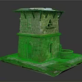 Ancient Stone Tower Structure With Arched Door Round Fountain And Green Grass Base
