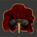 Mysterious Game Movie Character With Bird Like Hat Armored Shoulders Red Cape And Golden Trim