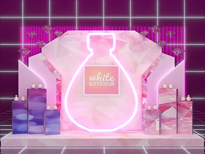 Pink Perfume Bottle Shaped Photo Spot With Neon Light Purple Background And White Narcissus Logo 3d model