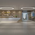 Modern Reception Desk With Wooden Walls Circular Pendant Lights And Marble Countertop