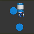 Blue Medicine Bottles With Open Cap And Scattered White Blue Tablets On Dark Surface