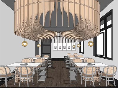 Elegant Hotpot Restaurant Interior With Large Wooden Chandelier Dining Tables And Chairs 3d model