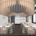 Elegant Hotpot Restaurant Interior With Large Wooden Chandelier Dining Tables And Chairs