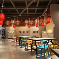 Vibrant Restaurant Interior with Red Lanterns Large Windows Colorful Chairs Brick Walls and Buffet Area