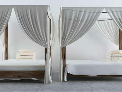 Minimalist Four Poster Double Bed With Beige Drapes Wooden Frame And White Mattress 3d model