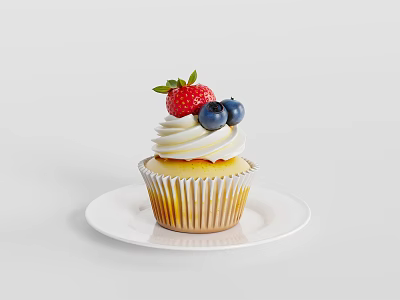 Delicious Cupcake Topped With Whipped Cream Fresh Strawberry And Blueberries On White Plate 3d model