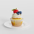 Delicious Cupcake Topped With Whipped Cream Fresh Strawberry And Blueberries On White Plate