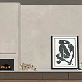 Modern Fireplace Interior With Flames Wood Pile And Black White Wall Artwork