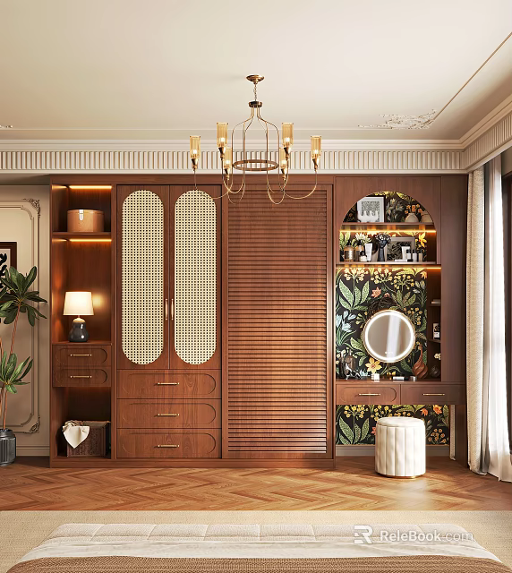 Modern Elegant Wooden Wardrobe With Double Lattice Doors Mirror Plants And Chandelier 3d model 
