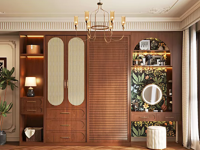 Modern Elegant Wooden Wardrobe With Double Lattice Doors Mirror Plants And Chandelier 3d model