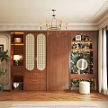 Modern Elegant Wooden Wardrobe With Double Lattice Doors Mirror Plants And Chandelier