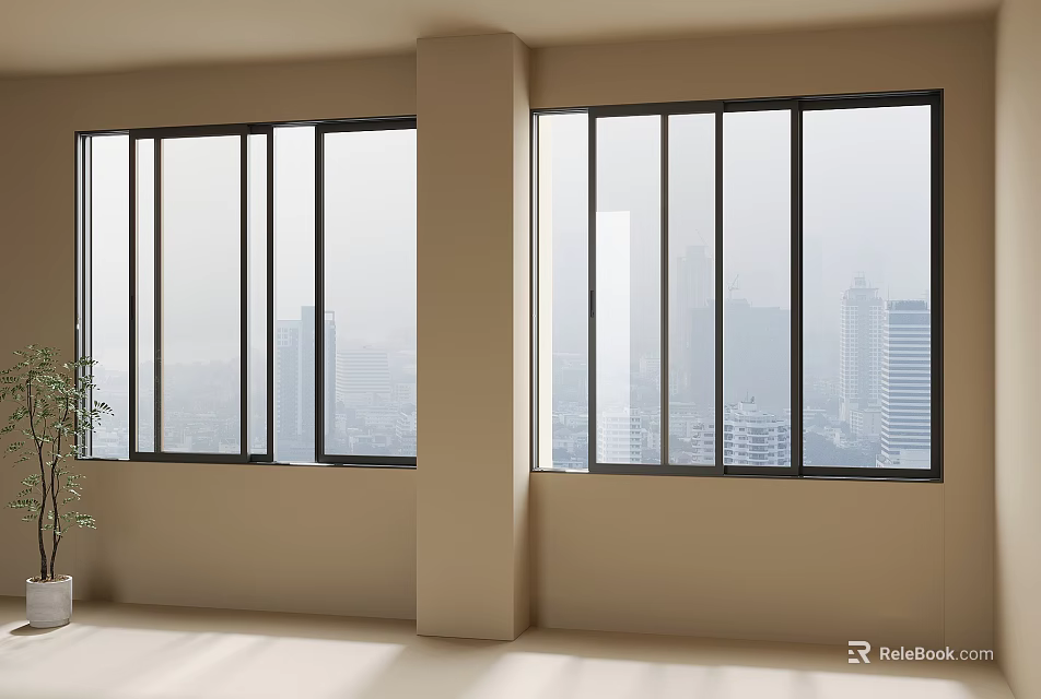 Sleek Casement Windows With Black Frames Clear Glass And City View In Modern Interior 3d model 