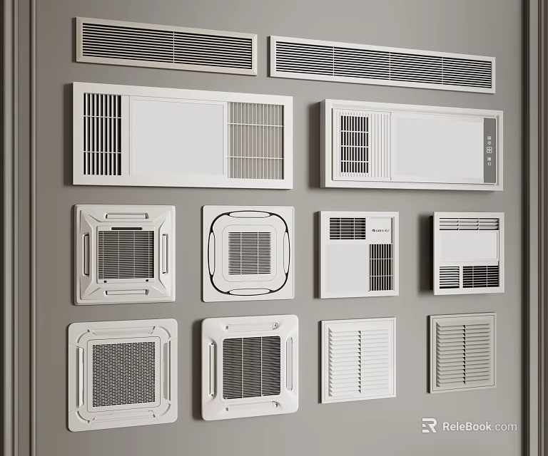 Various Modern Air Conditioner Vents With Different Designs On Wall Surface 3d model 