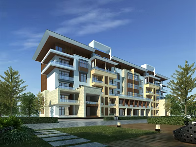 Modern Exterior Residential Building With Balconies Lush Greenery Lawn And Pathway 3d model