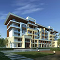 Modern Exterior Residential Building With Balconies Lush Greenery Lawn And Pathway