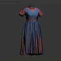 Blue And Red Long Dress With Short Sleeves And Red Belt For Daily Use