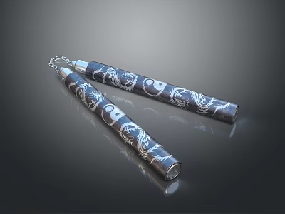 Traditional Black Nunchucks With Ornate White Decorative Patterns And Metal Chain 3d model