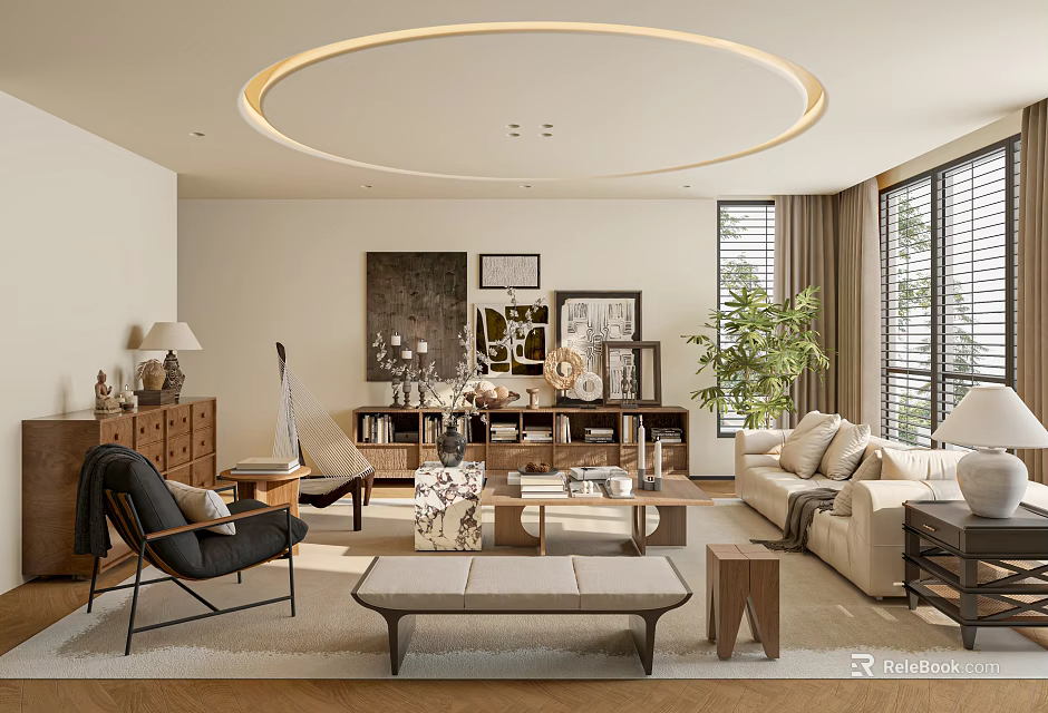 Modern Living Room Interior With Beige Sofa Wooden Coffee Table Round Ceiling Lamp And Decorative Paintings 3d model 