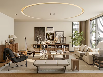 Modern Living Room Interior With Beige Sofa Wooden Coffee Table Round Ceiling Lamp And Decorative Paintings 3d model