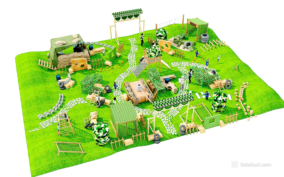 Wooden Outdoor Play Scene With Grass Tent Cabin Swing Slide And Figures 3d model 