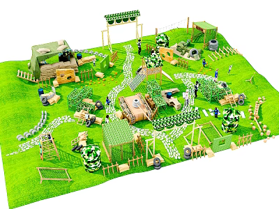 Wooden Outdoor Play Scene With Grass Tent Cabin Swing Slide And Figures 3d model