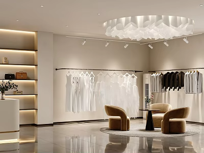 Fashion Clothing Store Interior With Hanging White Dresses Various Clothes Display Racks And Cozy Chairs 3d model