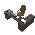 Dark Wood Office Desk Setup Featuring Brown Leather Executive Chair And Laptop Notebook 3d model