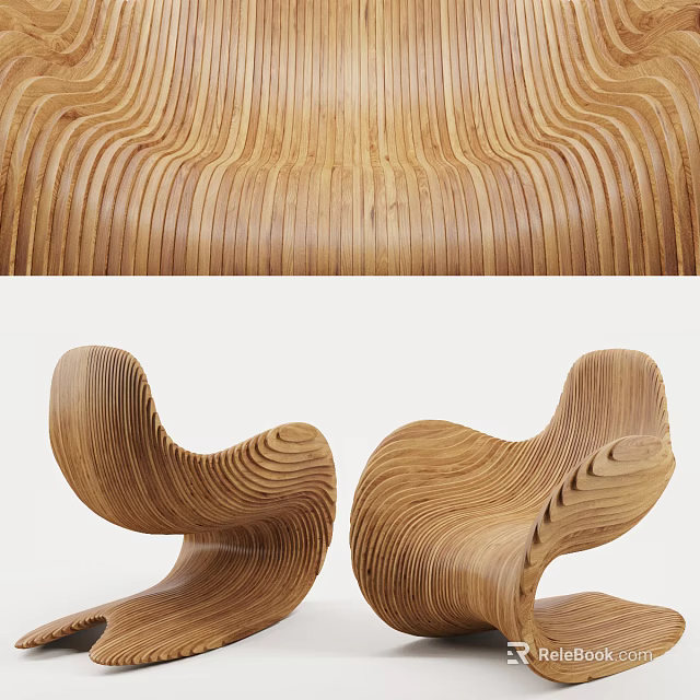 Modern Wooden Single Chair With Curved Wavy Design And Natural Wood Grain 3d model 