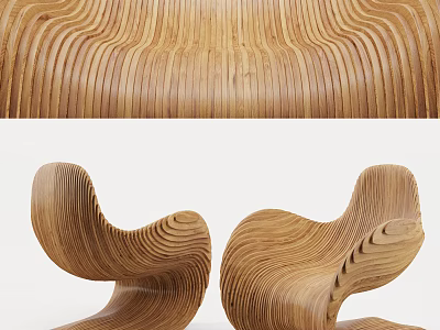 Modern Wooden Single Chair With Curved Wavy Design And Natural Wood Grain 3d model