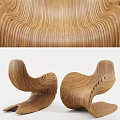 Modern Wooden Single Chair With Curved Wavy Design And Natural Wood Grain