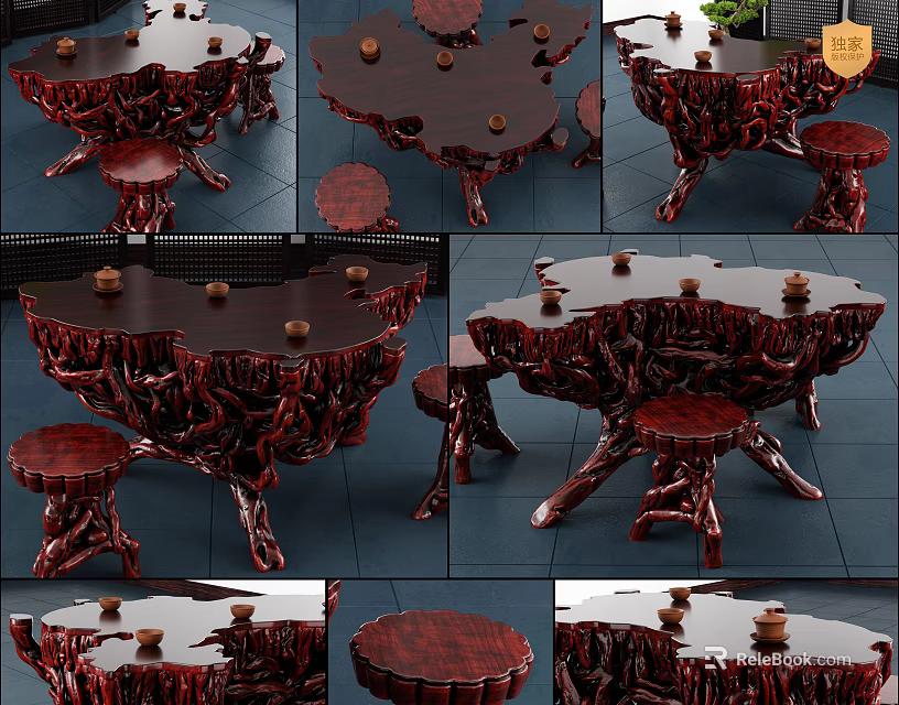 Handcrafted Root Carving Tea Table With Natural Tree Root Design Solid Wood And Matching Stools 3d model 