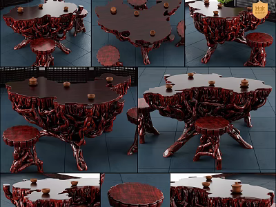 Handcrafted Root Carving Tea Table With Natural Tree Root Design Solid Wood And Matching Stools 3d model