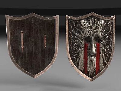 Two Ancient Shields With Wooden Body Metal Accents And Carved Tree Face Red Stripes 3d model