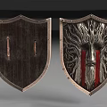 Two Ancient Shields With Wooden Body Metal Accents And Carved Tree Face Red Stripes