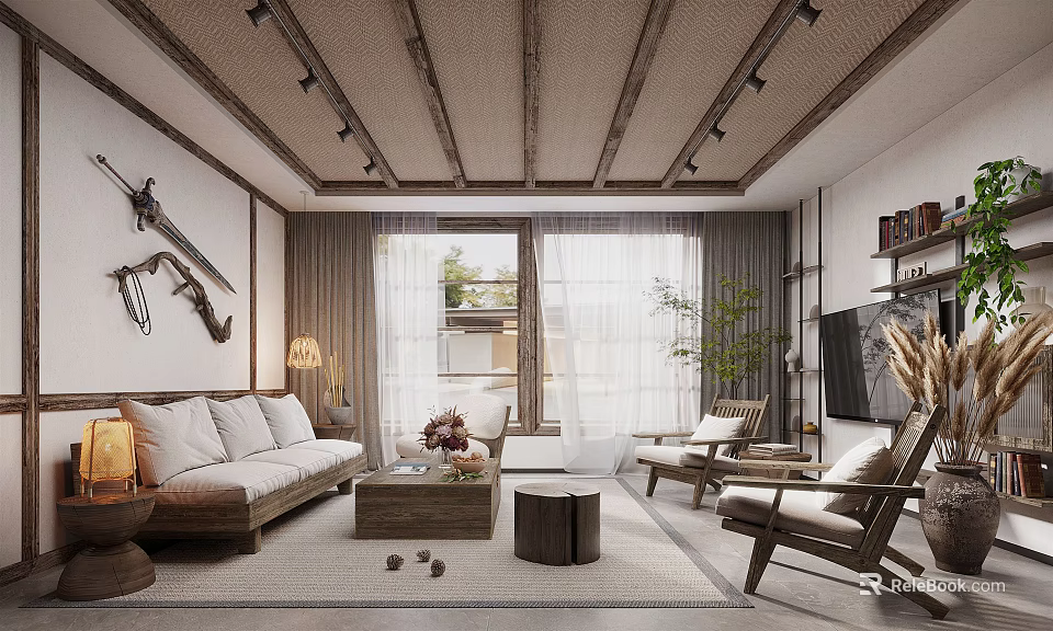 Cozy Living Room with Wooden Beams Natural Light Sofa Coffee Table and Potted Plant 3d model 