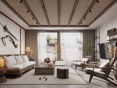 Cozy Living Room with Wooden Beams Natural Light Sofa Coffee Table and Potted Plant 3d model
