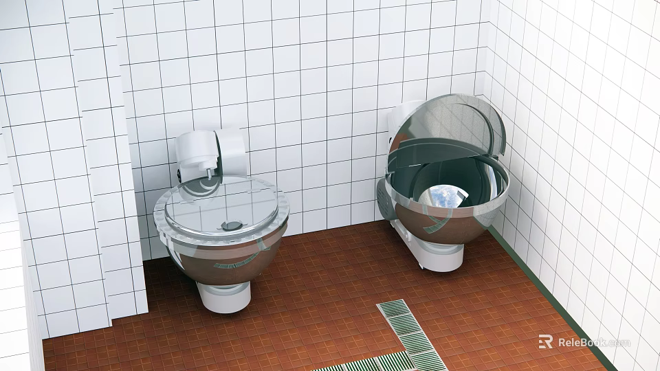 Cafeteria Interior With White Tiled Walls Brown Floor Green Mat And Silver Equipment 3d model 