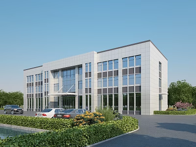 Modern Office Building With Large Glass Windows Landscaped Gardens And Parking Area 3d model