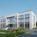 Modern Office Building With Large Glass Windows Landscaped Gardens And Parking Area