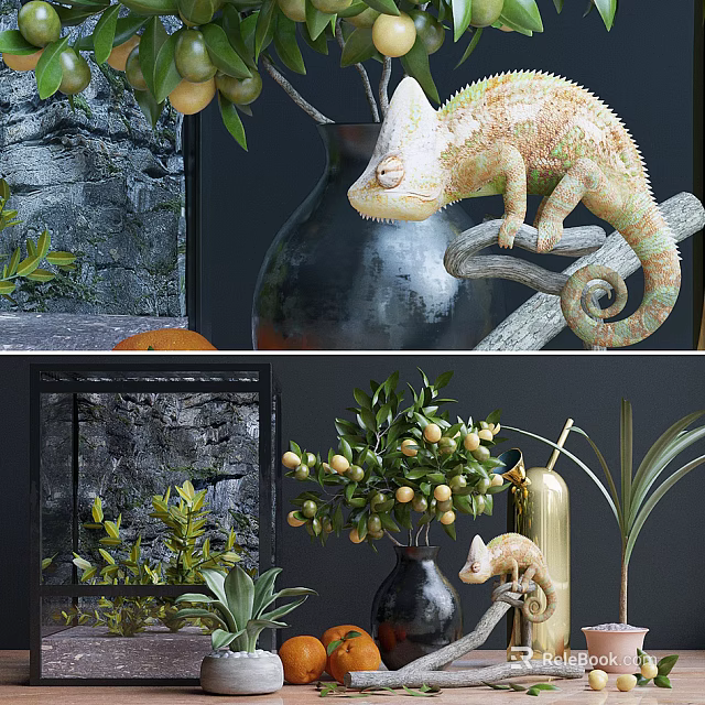 Decorative Ornament Set with Chameleon Figurine Vase Citrus Branch and Metallic Accents 3d model 