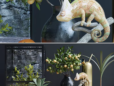 Decorative Ornament Set with Chameleon Figurine Vase Citrus Branch and Metallic Accents 3d model