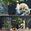 Decorative Ornament Set with Chameleon Figurine Vase Citrus Branch and Metallic Accents